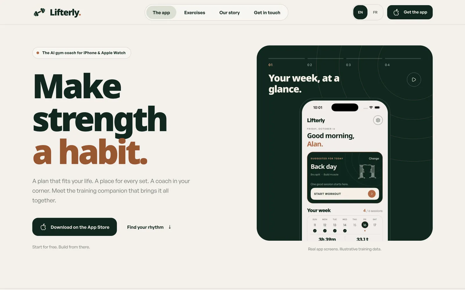 The Lifterly home page — “Make strength a habit” — beside the app’s weekly overview on an iPhone, showing the day’s suggested workout